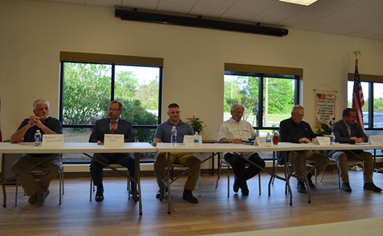 County commission candidates for all races — Barry Vandiver, Shan Ash, Chris Dorsey, Craig Bryant, Terry Goodger and Travis Turner — wait to provide their opening statements at the White County Republican Party forum held Thursday, April 18. (Photo/Samantha Sinclair)