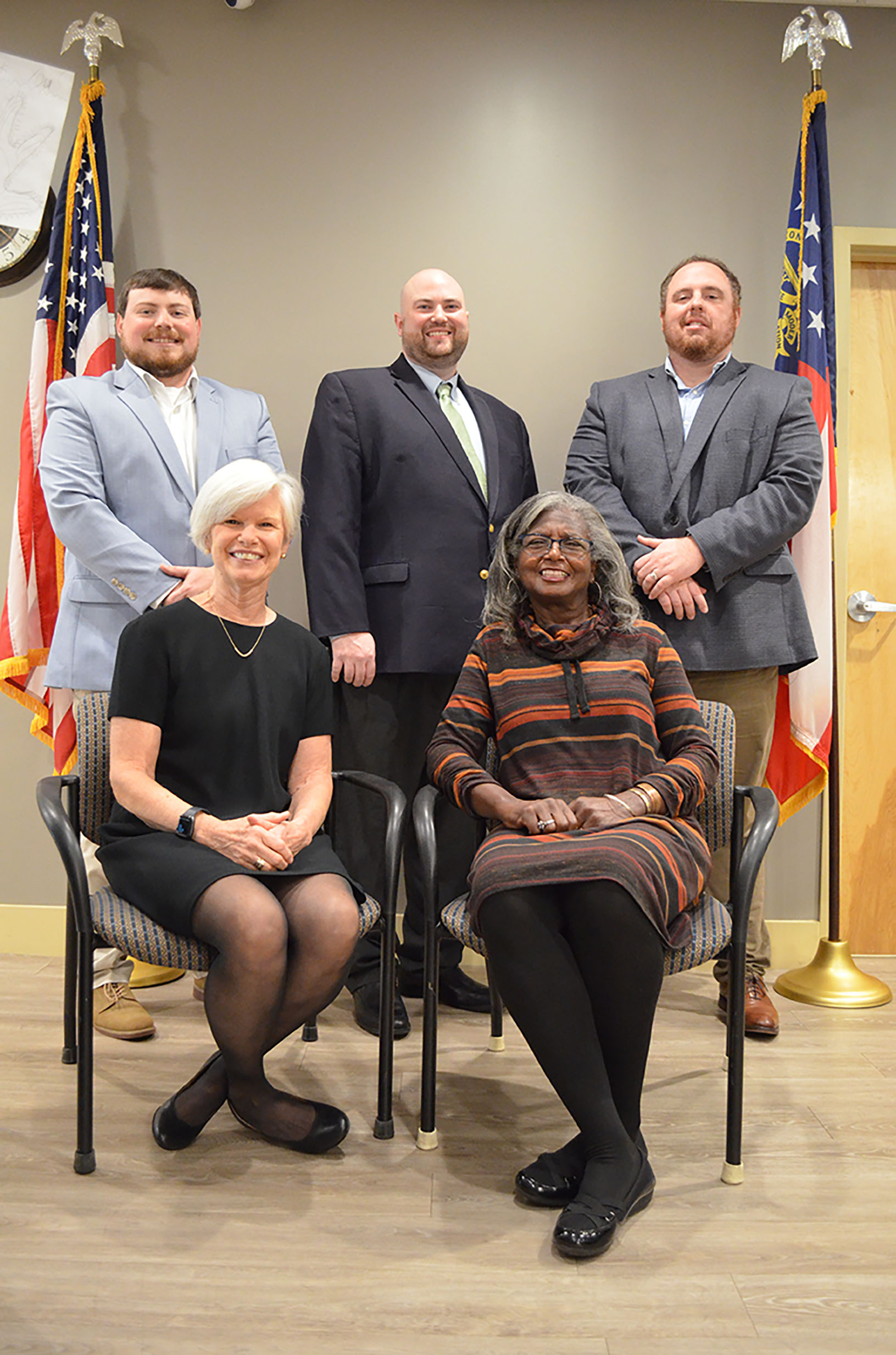 The Cleveland City Council is using FLOST revenue to lower property taxes. Clockwise from top left: Council Member Jeremy McClure, Mayor Josh Turner, and Council Members CJ McDonald, Annie Sutton and Nan Bowen. FILE PHOTO
