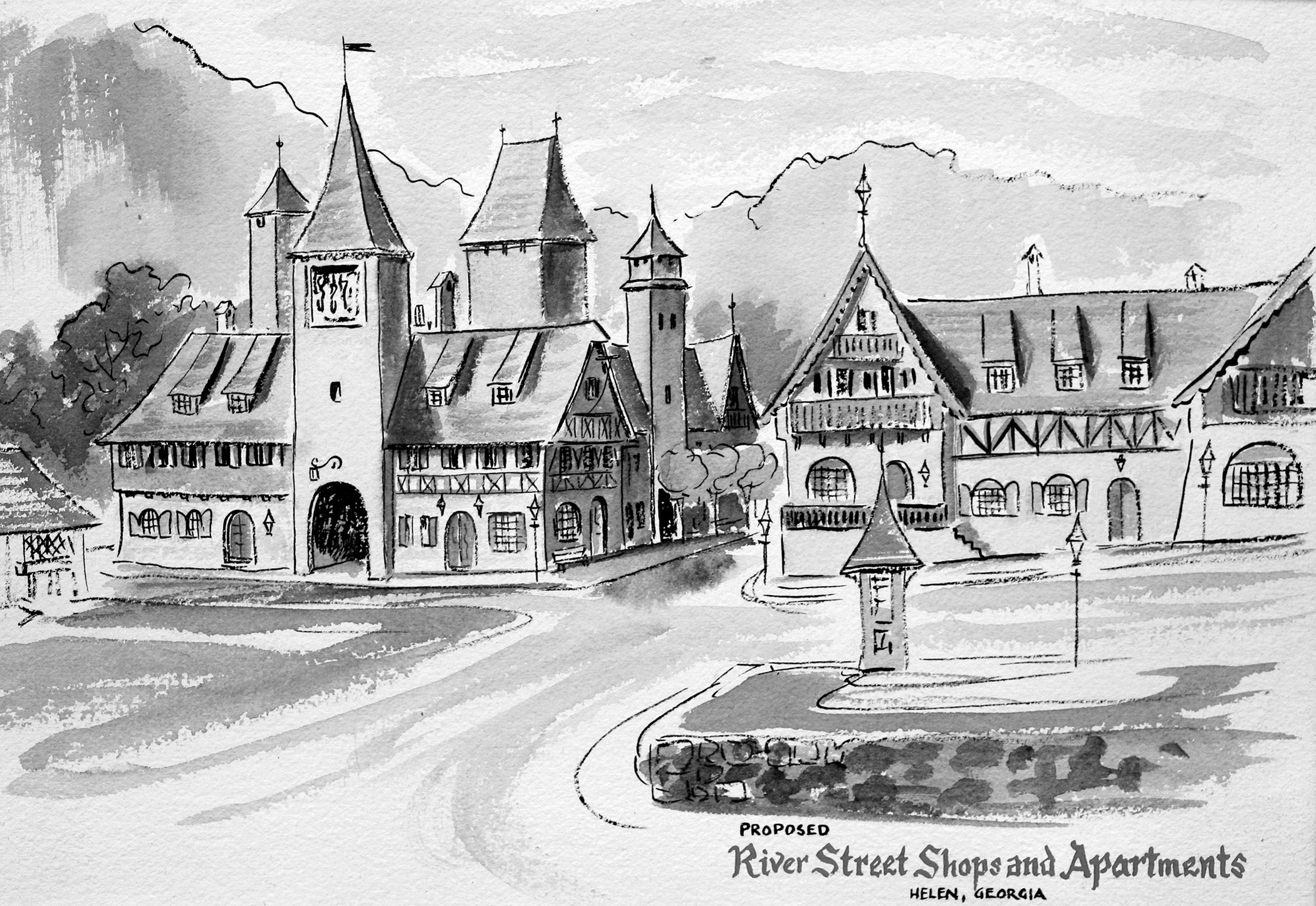 A sketch by the late artist John Kollock showing an idea for River Street shops and apartments.
