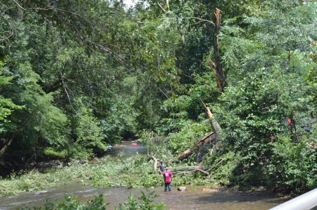 Workers were busy clearing the trees that fell into the river in Helen. (Photo/Stephanie Hill)