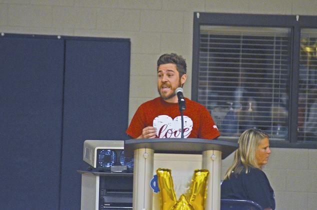 System Teacher of the Year Brandon Nonnemaker of Mount Yonah Elementary School spoke at the pep rally.