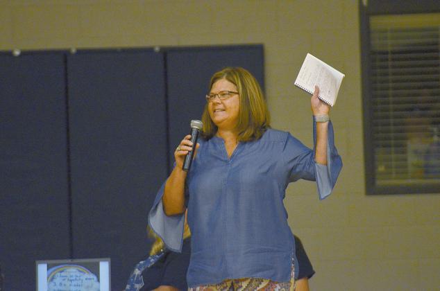 School Superintendent Dr. Laurie Burkett welcomed all the teachers back at the pep rally on Monday.
