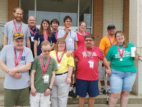A large contingent of White County athletes participated in the Special Olympics Georgia State Masters Bowling Tournament. last weekend in Warner Robins. White County had 12 athletes competing in singles competition, which included more than 1,000 athletes from around the state. The White County group brought home nine gold medals, two silver medals and a bronze medal. The local athletes competing in the event were, front from left, Charlie Head, Trey Ward, Mary Goodman, Brian Head, and Brittany Freeman; ba