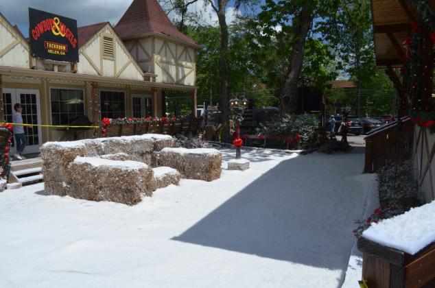 The courtyard of Cowboys and Angels was decorated in spring of this year to look like a winter scene. The scene shot at the courtyard can be seen in the trailer. (Photo/Stephanie Hill)