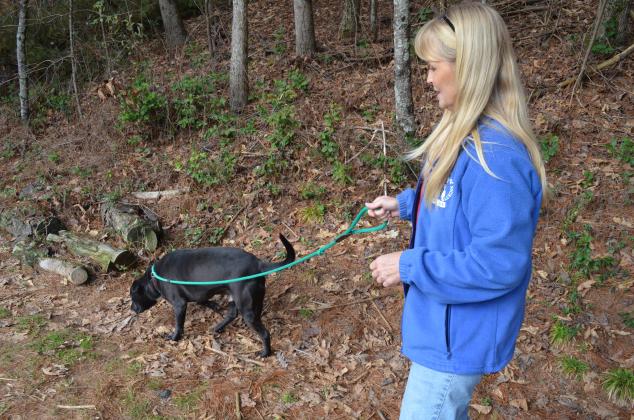 Glenda Worley takes Oscar out for a walk.