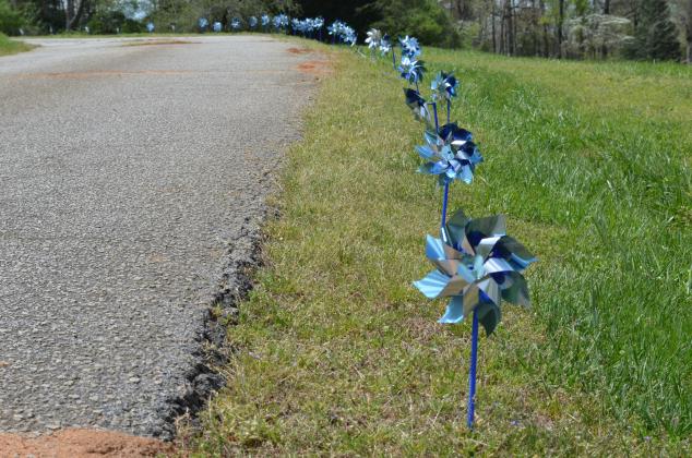 Pinwheels for prevention line the driveway up to the South Enotah Children’s Advocacy Center Office on Kenimer Street. (Photo/Stephanie Hill)