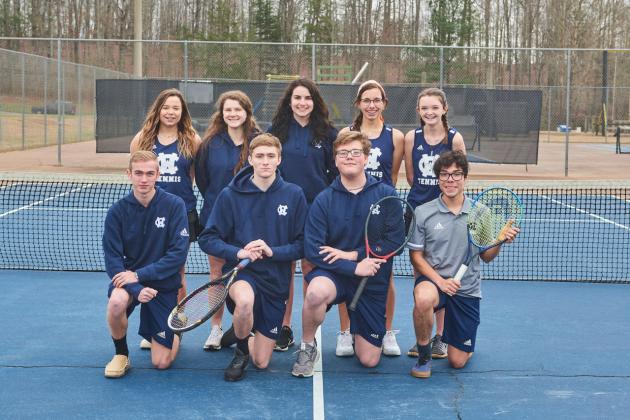 Senior members of the tennis team are, front from left, Dylan Hendrix, Adam Durfee, Brandon Gonzalez, and Hector Malana; back row, Sydney Palmer, Anna Tatum, Sarah Berry, Maria McCue, and Catherine Westbrooks. Not shown is Rylee England. (Photo/Staci Sulhoff)