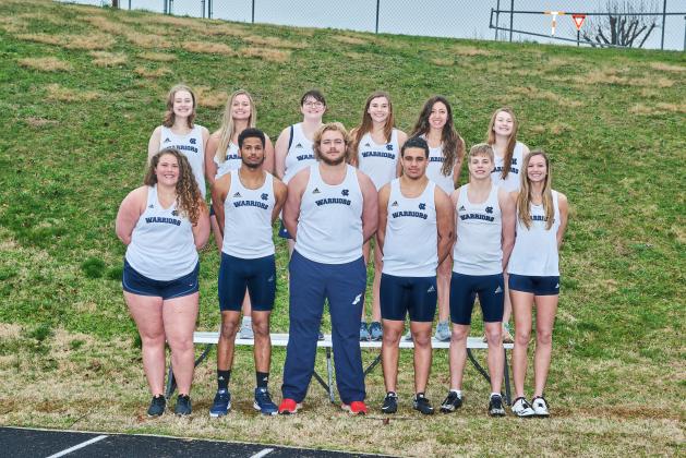 The senior members of the White County High School track team are, front from left, Evelyn Vanderbunt, Will Sampson, Jacob Anderson, Cory Ezzard, Nix Burkett, and Rachel Lovell; back row, Amelia Beckett, Alyssa Bertie, Azalee Stancel, Ellie Gearing, Kylie Johnson, and Maggie Davidson. (Photo/Staci Sulhoff)