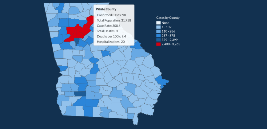 There have been 98 total confirmed COVID-19 cases in White County since the start of the pandemic, according to the 1 p.m. update on Thursday, May 28, on the Georgia Department of Public Health's website. (Image from Department of Public Health website)