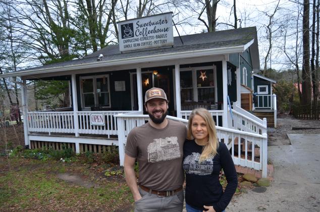 Ben and Betsy Dockins, shown outside Sweetwater Coffeehouse in February, became owners of the business in 2017 and have operated it during the shop’s 25th anniversary in spring. (Photo/Wayne Hardy)