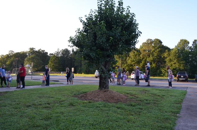 Parents and students at Tesnatee Gap Elementary School line up for the first day Aug. 14 in accordance with social distancing guidelines. (File photo/Stephanie Hill)