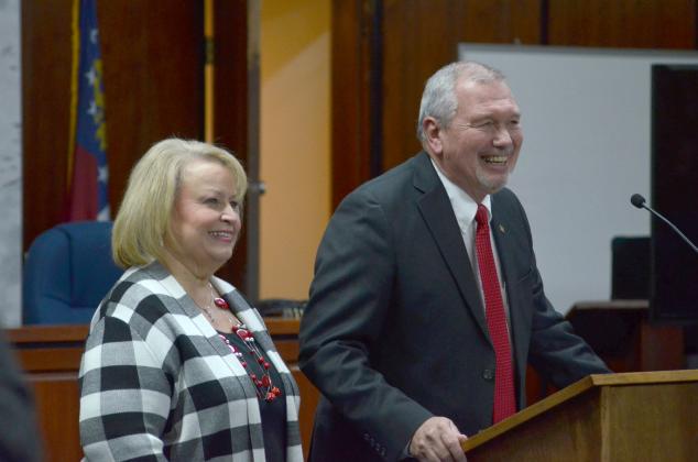 Probate Judge Garrison Baker speaks to the crowd, accompanied by his wife, Susan Baker. (Photos/Wayne Hardy)