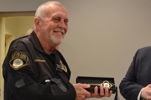 Longtime Cleveland Police Chief John Foster smiles after being presented a “key to the city” during a Dec. 17 event honoring his career. Foster is set to retire this month. (Photo/Stephanie Hill)