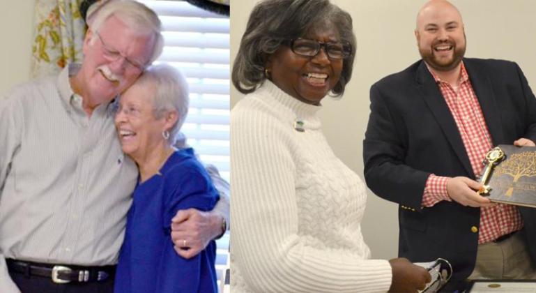 At left, Sheriff Sheriff Neal Walden hugs his wife, Pam. (Photo/Wayne Hardy) At right, Longtime Cleveland city councilwoman Annie Sutton was honored during a Dec. 7 reception, including by a proclamation presented by Mayor Josh Turner. (Photo/Stephanie Hill)
