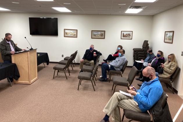 County Board of Elections and Registration Chairman Dwayne Turner leads a Jan. 4 meeting. From left are retired elections superintendent Garrison Baker, board members Louise Nix, Marlon Caldwell, Todd Marks, Russell Mobley and Elections Supervisor Lisa Manning. (Photo/Wayne Hardy)
