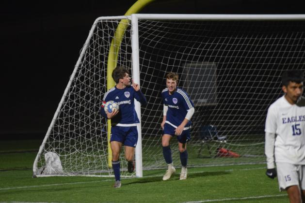 Hayden Gensler, left, and Andrew Pierce celebrate after Gensler scored in the second half.