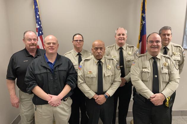 The White County Sheriff’s Office command staff, shown from left, includes Capt. Danny Woods, Capt. Clay Hammond, Capt. Diana Blihovde, Chief Deputy Gus Sesam, Sheriff Rick Kelley, Lt. Tim Chapman and Capt. Jim Couch. (Photo/Wayne Hardy)