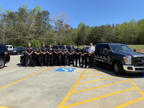 Cleveland Police Department Major Aaron Wieland, Officer Laura Riebold, Officer Denton Vaughan, Sergeant Brandon Landress, Officer Darius Dorsey, Georgia Office of Highway Safety Officer Ed Weaver, Officer Ray Rutledge, Officer Sarah Emery, Corporal Brandon Wood, and Chief Jeff Shoemaker before heading out to participate in the national U Drive. U Text. U Pay campaign on Monday, April 12.