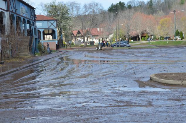 The parking lot in front of La Cabana in Helen was coated in mud following the March 25 storm, and workers had to use a tractor to clear it the following day. (Photo/Stephanie Hill)