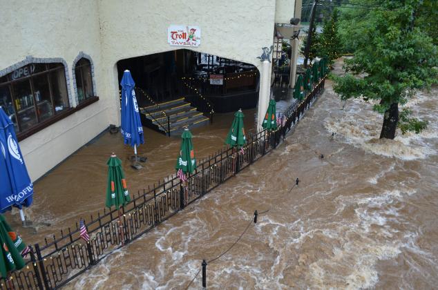 Water from the Chattahoochee River flooded over the banks and up to the bottom patio of the Troll Tavern. (Photo/Stephanie Hill)