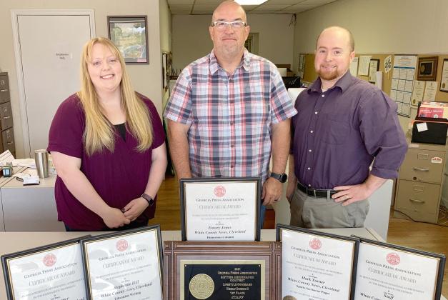 Shown from left are White County News reporter Stephanie Hill, Sports Editor Mark Turner and Editor &amp; Publisher Wayne Hardy.