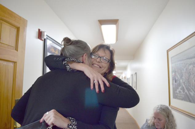 Linda McAllister congratulations Cinnamon Ruston, right, on her win Tuesday night. (Photo/Stephanie Hill)