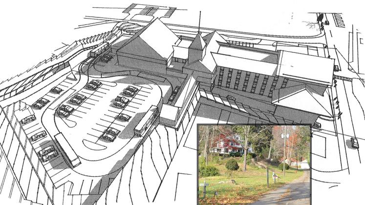 This architect’s study sketch shows a hotel concept for HOME 2 Suites by Hilton in Helen, with Main Street shown on the right. (Image courtesy Richard Rauh &amp; Associates/Architecture, Atlanta – Ann Fitzgerald, project manager) The inset photo is a view of the property from North Main Street, between Hofer’s of Helen and The Heidi Motel.