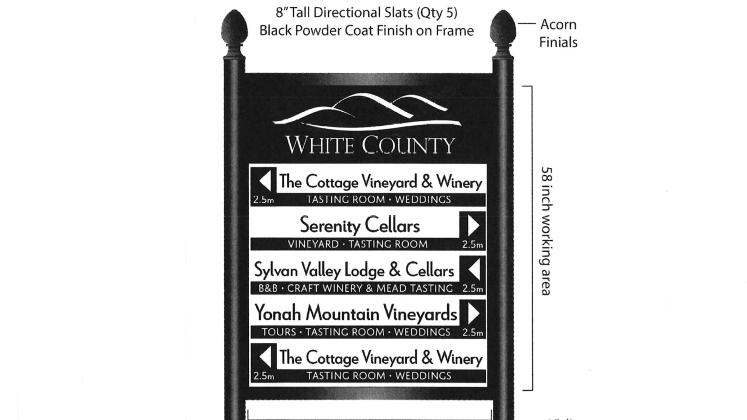 This image shows an example of planned directional signage that would highlight destinations in White County, such as vineyards in the above example.
