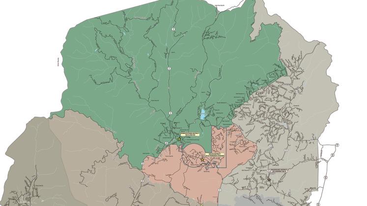This voting precinct map from the White County government website shows the Robertstown precinct (top, green) and Helen precinct (middle,pink).