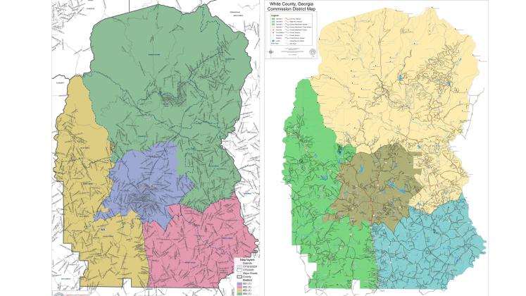 The proposed county district map is shown at left, while the current county district map is shown at right. A digital version of the proposed map is available at www.whitecountyga.gov.