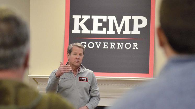 Gov. Brian Kemp speaks Feb. 18 at a meet-and-greet campaign stop in Cleveland. (Photos/Wayne Hardy)