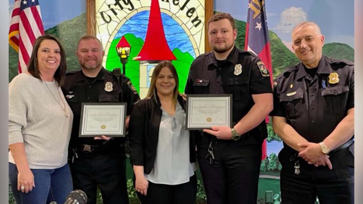 From left are Sergeant Aaron Autry and wife Becky, Officer Graylon Bryson and fiancé Tamera Jackson, and Interim Police Chief John Albino (Submitted Photo)