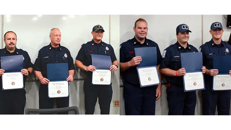 On the left, Tommy Steen, Steve Hopper, and AJ Staton were able to save a victim from a gun shot wound and were awarded for their efforts. the right, Shad Sosebee, Jackson Cantrell, and Austin Brown saved a patient from succumbing to an over dose and were honored at the White County Public Safety Offices.