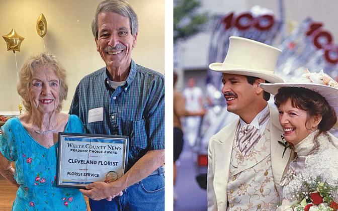 Chris and Freda Elliott (left, celebrating their business being named Best Florist Service last year) have been married for 36 years. They met due to their love for Coca-Cola, and got married in 1986 at the company’s 100th anniversary parade. At right, the couple is in 1890s garb waiting for the parade to begin. (Photos/submitted)