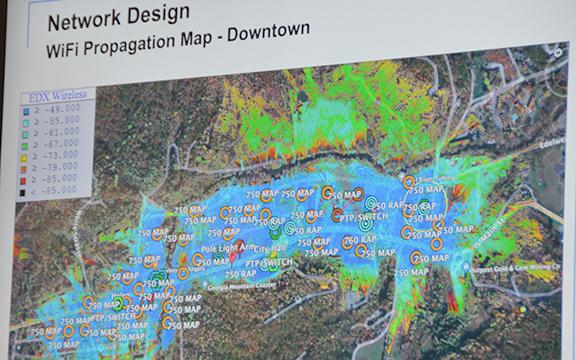 A proposal by SmartWAVE Technologies would blanket the downtown area with free WiFi (represented by the blue). (Photo/Linda Erbele)