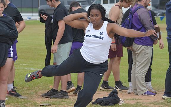 The White County High School track teams, including Rusty Dye (above), got off to a great start on the opening day of the Region 7-AAA meet Tuesday at Warrior Stadium in Cleveland. Both the girls and boys teams opened up double-digit leads in the team competition and have a chance to secure region titles today during the running finals. (Photo/Mark Turner)