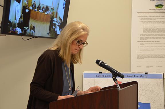 Teresa Stansel, a county resident, read a document she had prepared to Cleveland's city council during a public hearing on the proposed future land use comprehensive map. (Photo/Linda Erbele)