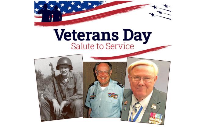 Ron Hill through the years — April 1953 at Outpost Harry in the Korean War,  July 1991 at his return home from Desert Storm and, more recently, the veteran and volunteer.