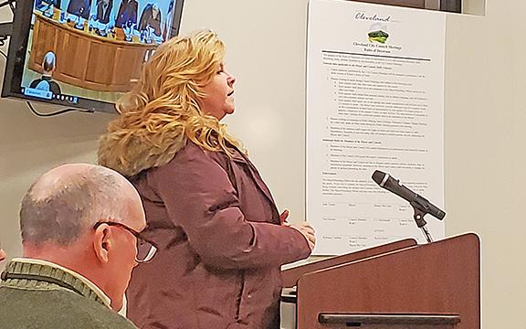 Donja Long speaks to the Cleveland City Council about the restaurant she plans to open on the square.