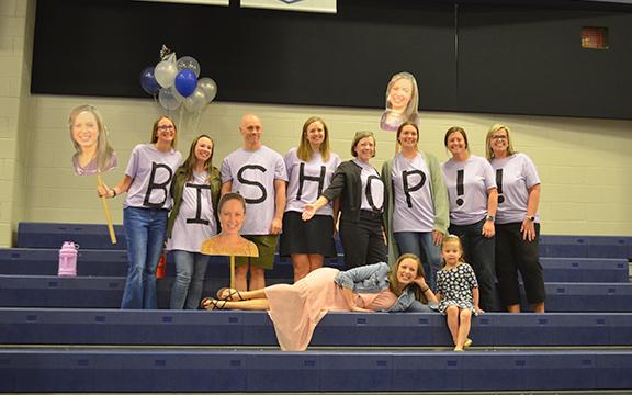 Teacher of the Year Caroline Bishop (with Gwen Bishop) poses in front of her personal cheering squad — Jodie Watkins, Shanna Walker, Chris Jenkins, Misty Burton, Millie Edwards, Paige Everett, Kensley Vandiver and Tina Vandiver — prior to the ceremony. (Photo/Samantha Sinclair)