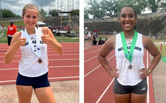 Tallulah Shack (left) finished third in the Class AAA girl's pole vault competition. Yvonne Minutello was fifth in the state shot put event. (Photos/WCHS Athletics)