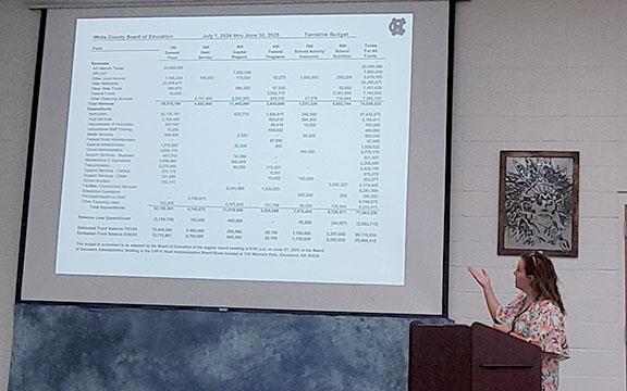 Finance Director Lauren Anderson presents the budget to the White County Board of Education during the second public hearing held Tuesday morning. (Photo/Samantha Sinclair)