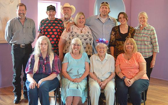Ruth Jola is celebrated by family and friends at Helen’s Uhuburg Castle for her 100th birthday. Those gathered include (back row) Tom Stephenson, Brad Stephenson, Cecil Shaw, Oriana Jola, Jerry Noe, Raven Ferguson, Jolly Nichols, (front row) Patti Moulton, Debbie Holveck, Ruth Jola and Lisa Holveck. (Photo/submitted)