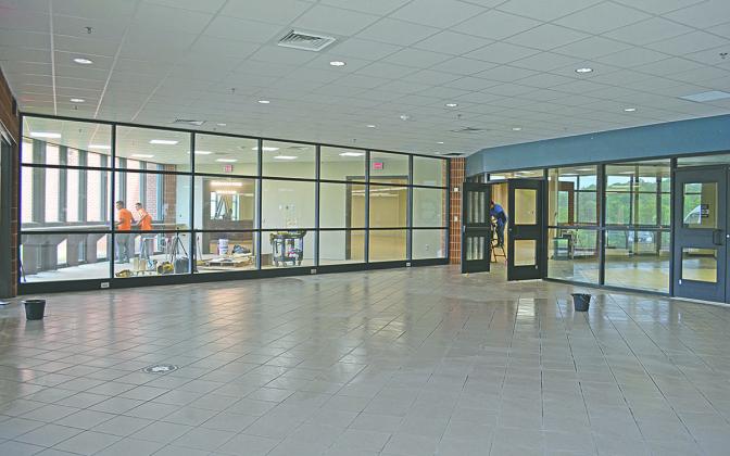 The lobby at White County High School has a whole new light-filled look as renovations replacing the theater with a media center near completion earlier this week. (Photo/Samantha Sinclair)