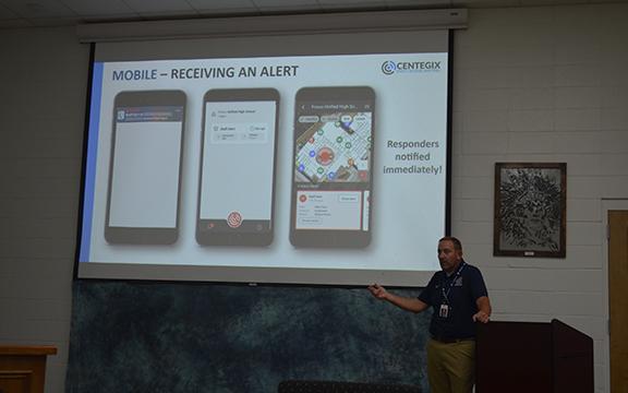 Dr. Jonathan Stripling presents information about the Centegix system at the White County Board of Education meeting Monday. (Photo/Samantha Sinclair)