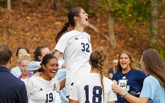 TMU's Megan Darden celebrates moments after her penalty kick sealed the Lady Bears' win in the AAC tournament finals last Saturday in Cleveland. (Photo/TMU Athletics)