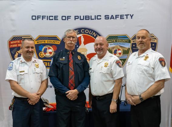 Lumsden’s retirement was celebrated by White County with a reception at Fire Station No. 3 on Jan. 23. Director of Public Safety David Murphy and Battalion Chiefs Josh Taylor and Terry Sosebee smile for a picture with Lumsden. (Photo/submitted)
