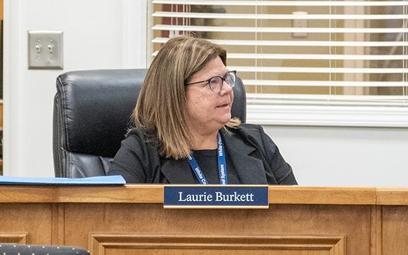 White County Superintendent Dr. Laurie Burkett listens intently to Assistant Superintendent Dr. Jonathan Stribling’s presentation. (Photo/Zach Taylor)