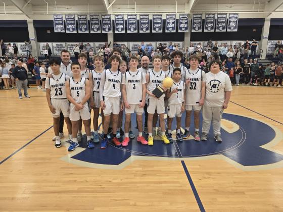 White County Middle School dominated during the North Georgia Mountain League boy's basketball season, winning both division titles last winter. The WCMS eighth grade team (pictured) captured the league title with a 51-40 win over Union County and finished the season with a 15-2 record.  The Warrior eighth grade squad consists of Owen Rogers, Jaxin Hoosline, Jack Clark, John Jarrard, Maddox Sweeney, Connor Ellington, Weaver Bartlett, Julian Patino-Valadez, Steffen Doyal, Lane Stanley Ben Colon, and Cash Low