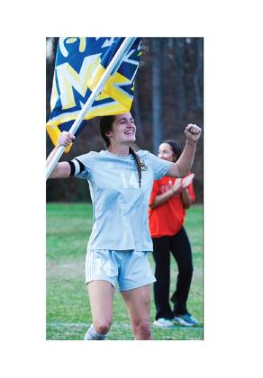 TMU's Isabella Hodson, who had two goals in the second round match, celebrates follwing win over Cumberland. TMU ATHLETICS/ TMU SPECIAL